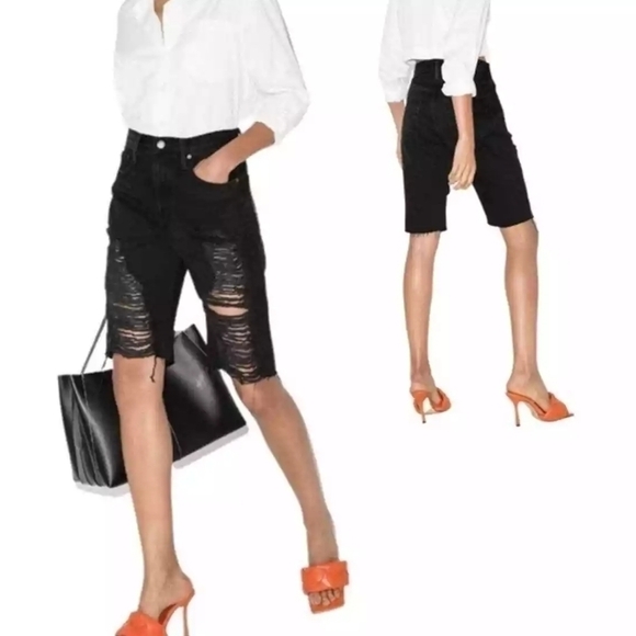 Frame Le Vintage Bermuda Distressed Black Denim Bermuda Jeans Shorts in 27